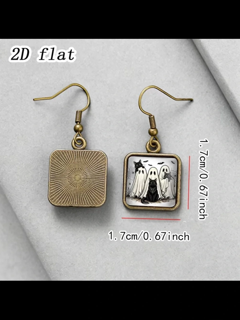 Glass Gold Tone Halloween Ghost & Black Cat Square Drop Earrings